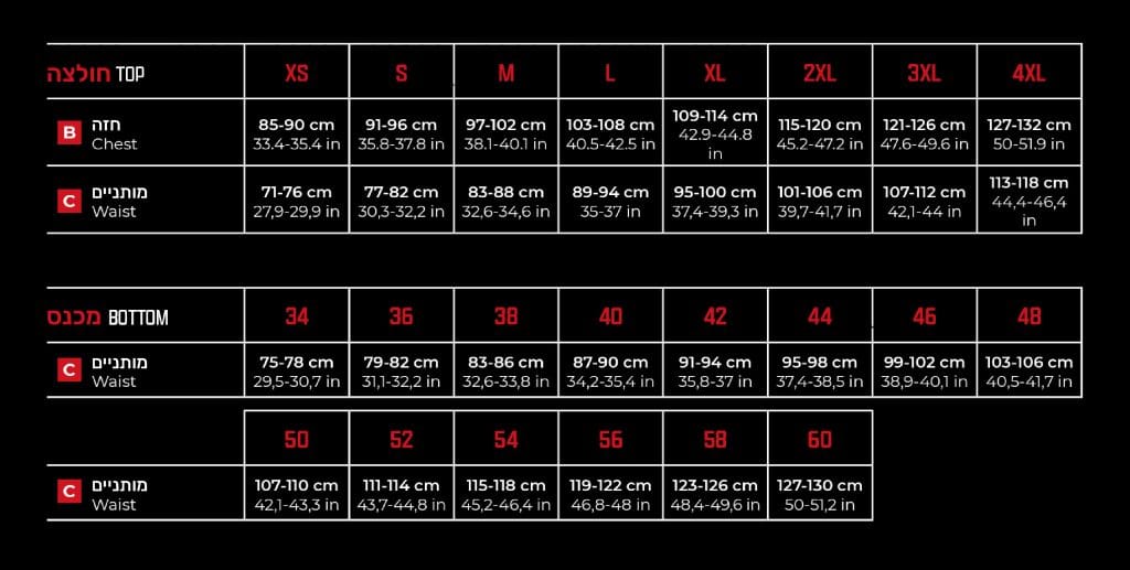טבלת מידות של מדים טקטים - A10